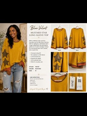 Blue Velvet Mustard Star Sleeve Long-Sleeve Top